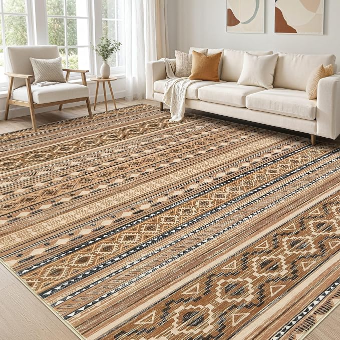 cotiled 6x9 Area Rugs Living Room Rug: Washable Boho Rugs with Non Slip Backing Large Soft Indoor Stain Resistant Carpet for Bedroom Farmhouse Dining Room Lightweight Home Decor Brown/Beige