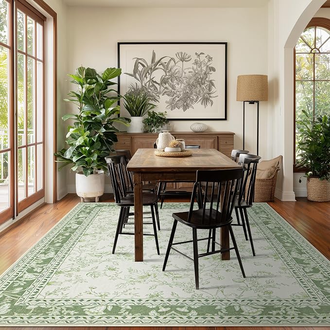Sage Green Rugs for Bedroom 7x9 Area Rug for Living Room Machine Washable Light Green Cream Beige Printed Non-Slip Vintage Floral Distressed Indoor Boho Farmhouse Carpet for Dining Room Nursery