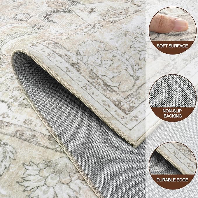 6x9 Area Rugs for Living Room:Beige Washable Vintage Medallion Carpet Non-Slip Soft Low Pile Large Rugs Indoor Retro Rug for Bedroom Nursery Dining Table Office Home(Beige White, 6'x9')