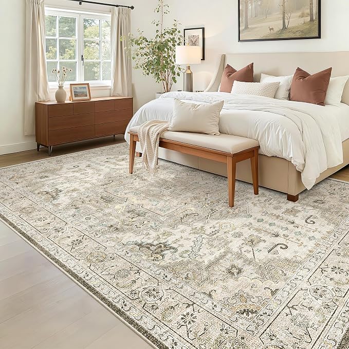 Madane 5x7 Area Rugs for Living Room, Non-Slip Washable Rug, Ivory/Brown | Ultra-Thin Stain Resistant Vintage Large 5'X7' Carpet, Low-Pile Floor Mat For Bedroom Dining Room Office Home Decor