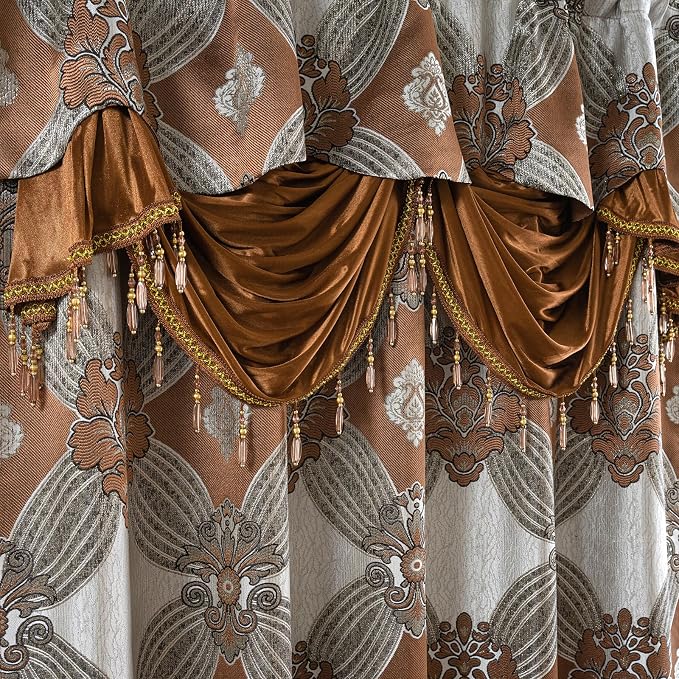 Petrichor Elegant Curtains with Gold Silver Threads 2 Panels Set - Luxury Window Treatment Attached Valance, Sheer Backing, and 2 Tie Backs for Bedroom and Living Room, 54x95 inches, Brown