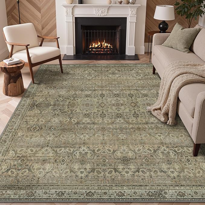GENIMO 3x5 Area Rugs for Living Room, Machine Washable Non Slip Vintage Rugs, Low Pile Lightweight Chenille Print Rug for Bedroom, Dining Room, Home Office, Green Khaki