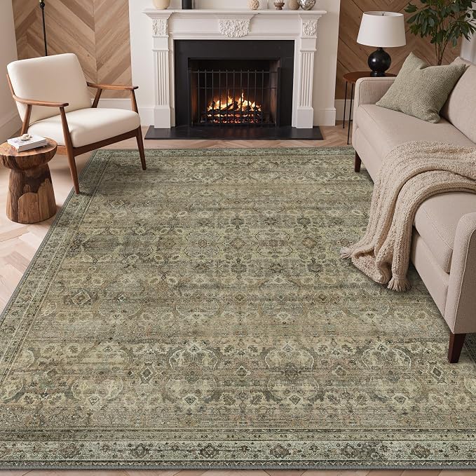 GENIMO 9x12 Area Rugs for Living Room, Machine Washable Non Slip Vintage Rugs, Low Pile Lightweight Chenille Print Rug for Bedroom, Dining Room, Home Office, Green Khaki