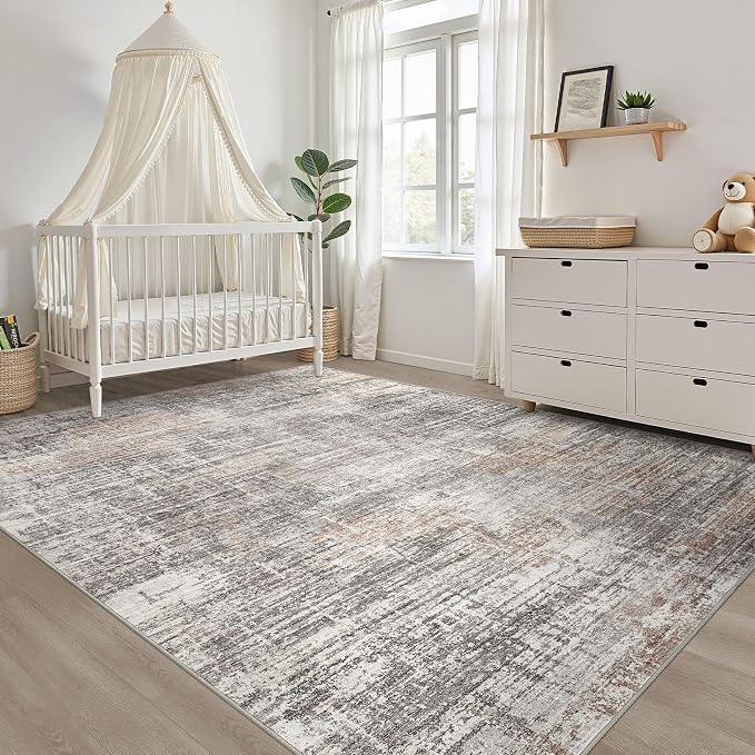 10x14 Area Rugs Living Room: Washable Large Neutral Rug Abstract Soft Modern Stain Resistant Indoor Floor Non-Slip Carpet for Bedroom Nursery Kids Office Playroom Dining Room Under Table- Gray Rust