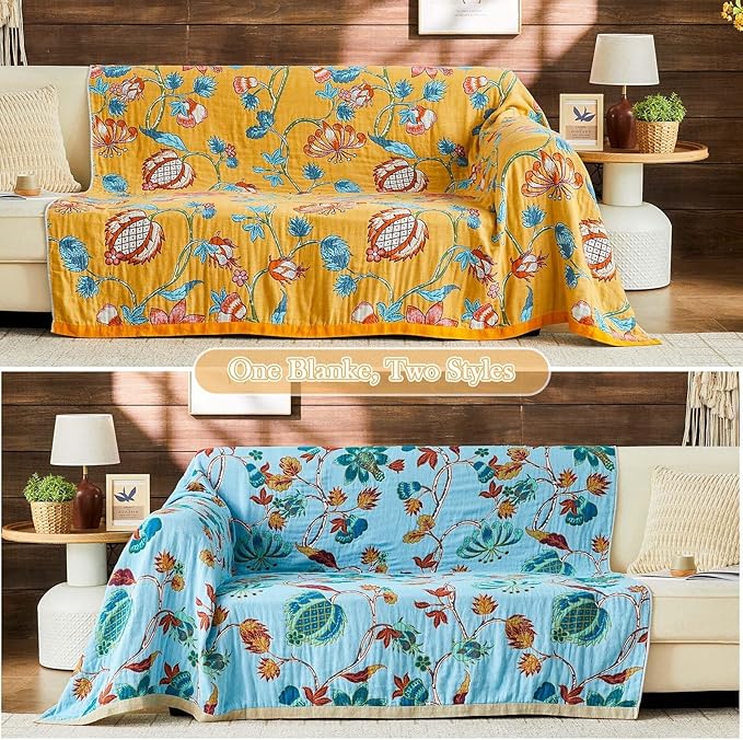 Boho Blanket Soft Muslin Boho Throw Blanket 100% Cotton Blanket All Seasons Reversible Rustic Floral Printed Vintage Rustic Farmhouse Decor Throw for Sofa Couch Chair (Yellow, 60"x80")