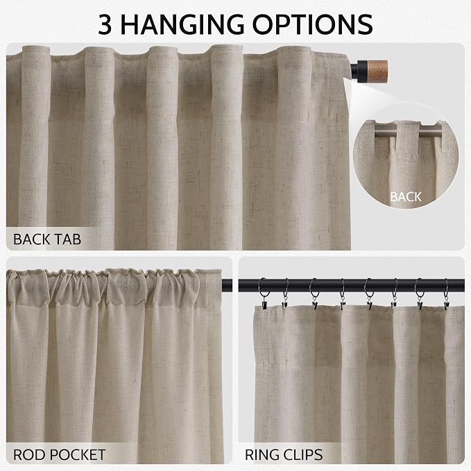 Cobblestone Linen Curtains 132 Inch Length for Living Room Light Filtering Semi Sheer Curtain Back Tab Modern Farmhouse Decor Elegant Drapes Floor to Ceiling High Window for Bedroom 52x132, 2 Panels