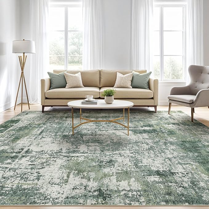 9x12 Area Rug Living Room: Washable Large Abstract Soft Stain Resistant Indoor Floor Rugs Non-Slip Accent Carpet for Bedroom Nursery Playroom Office Dining Room Home House- Dark Green