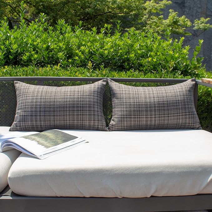 Kevin Textile Outdoor Waterproof Throw Pillow Covers 12x24 Inch Pack of 2 Woven Faux Linen Farmhouse Decorative Water Resistant Lumbar Cushion Covers for Tent Patio Garden Couch Sofa Grey