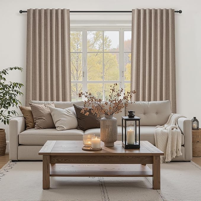 Pleated Dark Flax Brown 100 Inches Long Blackout Linen Dining/Living Room Large Curtains 2 Panels Set, Room Darkening Tan Heavy Curtain Thermal Insulated for Winter Country Linen Drapes (50"Wx100"L)