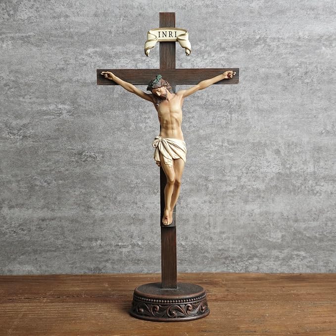 BC Catholic Crucifix Standing Cross, Jesus Christ tabletop Home Decor, Religious Gift, Wood Carve Looking, Realistic Finish, 10.9" H Hand Painted by Buildclassic
