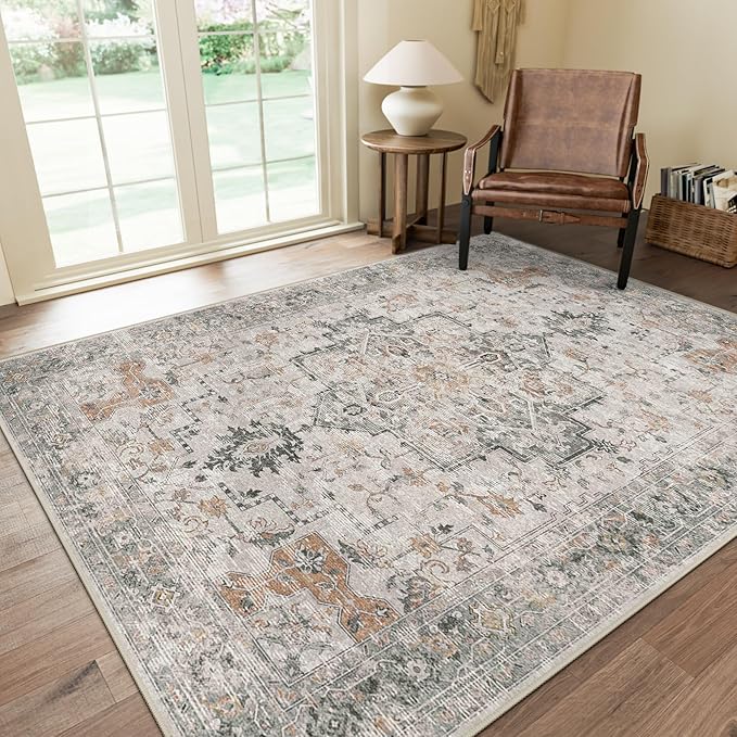 GENIMO 7x9 Area Rugs for Living Room, Non Slip Machine Washable Vintage Rugs, Low Pile Lightweight Chenille Print Large Rug for Bedroom, Dining Room, Home Office, Light Taupe Brown