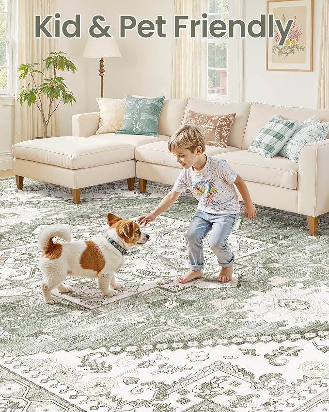 5x8 Vintage Area Rug: Washable Neutral Soft Non Slip Thin Large Floor Carpet for Living Room Bedroom Kitchen Dining Room Home Office Farmhouse Indoor - Green