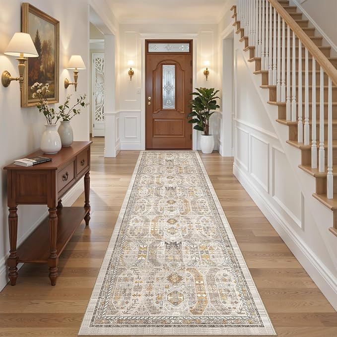 2'6" x 10'Non Slip Runner Rugs - Runners for hallways, Kitchen,Entryway,Stain Resistant Washable Rugs for Bedroom, Indoor Vintage Area Rugs (Brown/Gold,2'6" x 10')