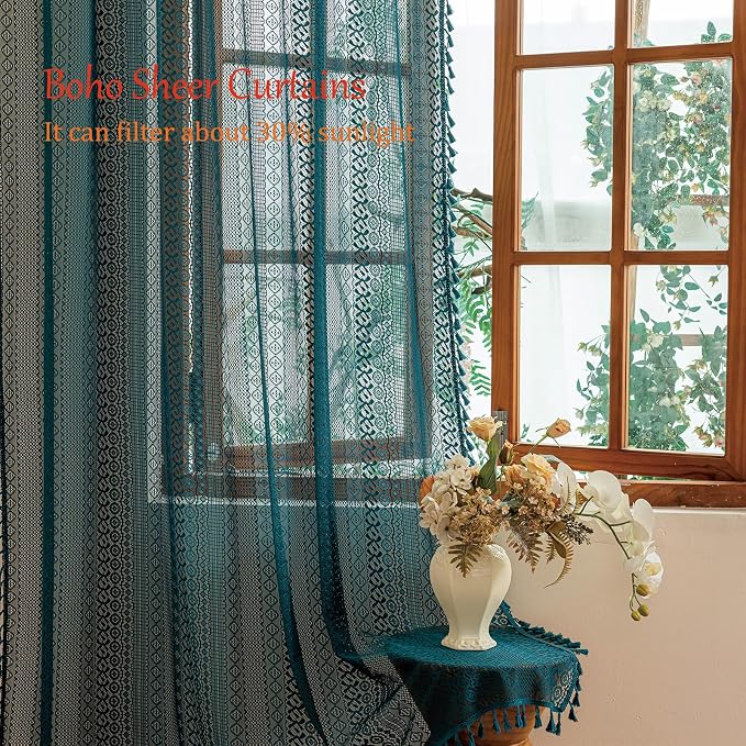 Sutuo Home Teal Boho Curtains 84 inches Long for Bedroom Living Room, Turquoise Lace Sheer Curtains Bohemian Privacy Farmhouse Vintage Crochet Tassels Window Treatments Rod Pocket, 2 Panels 50" W