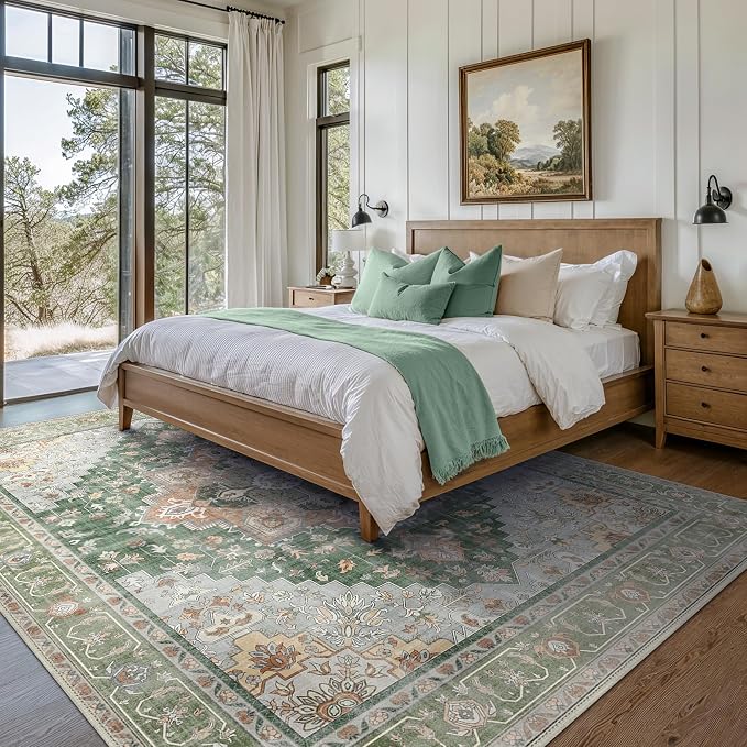 GENIMO 5x7 Area Rugs for Living Room, Machine Washable Non Slip Vintage Rugs, Low Pile Lightweight Print Rug for Bedroom, Dining Room, Home Office,Sage Green