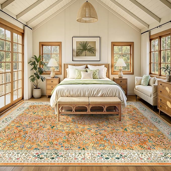 8x10 Area Rugs, Machine Washable Low Pile Floral Rugs for Living Room, Bedroom, Large Boho Area Rug with Non-Slip Backing for Dining Room(Orange Floral)