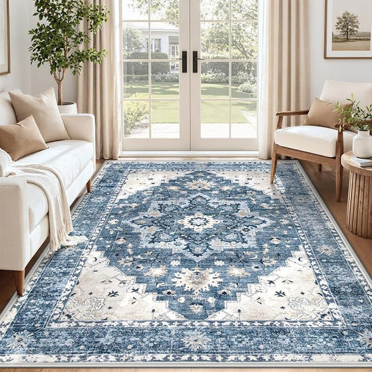 Area Rug 5x7 Vintage Rug: Washable Indoor Medallion Rugs Low Pile Distressed Floor Carpet Retro Accent Rug for Living Room Bedroom Kitchen Dining Table Home Office(Blue, 5'x7')