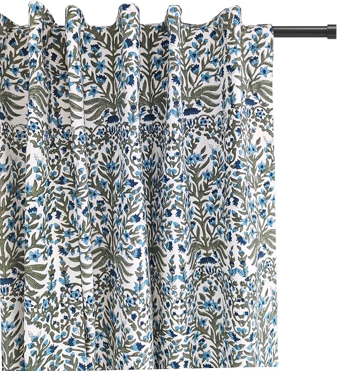 ATOSII 100% Cotton Single Panel Floral Block Print Curtain, Easy Hanging with Rod Pocket & Loop, Living Room, Dining Room, Bedroom Light Filtering Boho Curtains, Set of 1, 60" W X 84" L, Nargis Blue