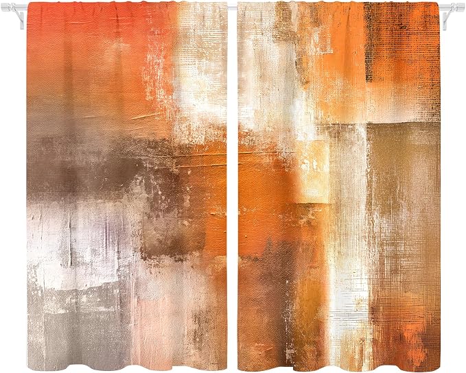 MESHELLY Abstract Burnt Orange Curtains 42Wx45H Inch Rod Pocket Gray Rust Brown Bedroom Window Drapes Watercolor Grey Oil Painting Farm Retro Modern Aesthetic Printed Living Room Window Treatment