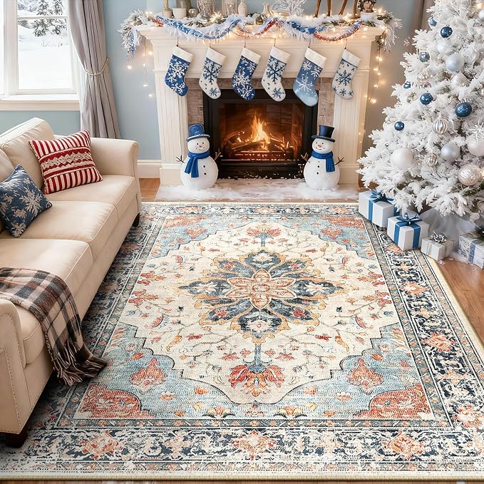 RELEANY Area Rugs 6'x8' Washable Non-Slip, Floral Vintage Distress Medallion Carpet for Living Room Bedroom Dining Room, Beige Navy Blue Orange Colorful