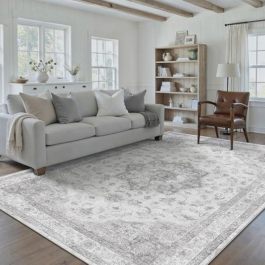PureCozy Grey Gray Area Rug 6x9 Washable Vintage Carpet for Living Room Bedroom Large Soft Retro Low Pile Thin Indoor Rug Non Slip Oriental Medallion Floor Cover for Dining Room Office