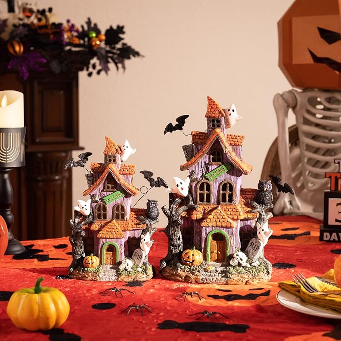 Valery Madelyn Halloween Decorations, Lighted Halloween Village Houses with LED Lights, Resin Spooky Town Happy Haunted House for Home and Party Table Desk Mantel, 12 Inch