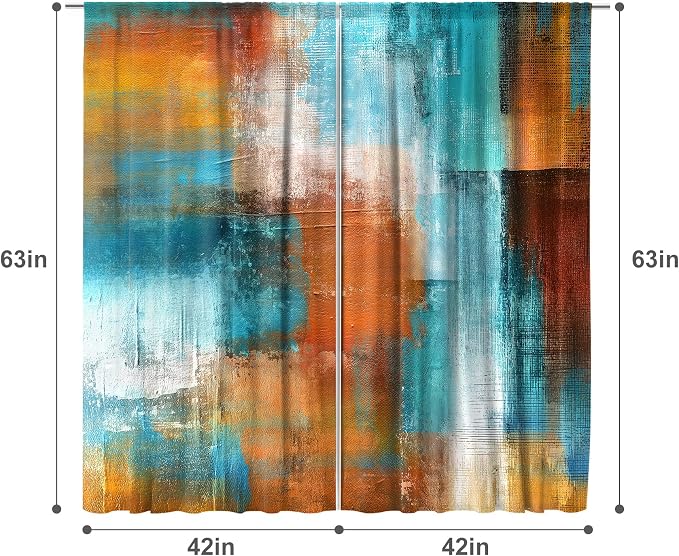 MESHELLY Abstract Brown Teal Curtains 42W x 63H Inch Rod Pocket Rust Burnt Orange Turquoise Art Painting Modern Contemporary Watercolor Cool Oil Print Vintage Living Room Bedroom Window Drapes 2 Panel