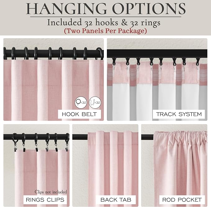 Pink Thick Linen Thermal Blackout Curtains 96 Inch Long for Winter Insulated, Pleated Elegant Living Room Curtain 2 Panels Set Privacy Decor Window Drapes 8 FT Length 2 Burg (Hooks Rings & Rod Pocket)