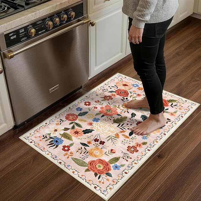 2x3 Washable Area Rug for Entryway Vintage Boho Floral Rug Non-Slip Low Pile Soft Faux Wool Small Carpet Kids and Pets Friendly for Bathroom Bedroom Kitchen Hallway Bedside Home Decor Rug Beige Pink
