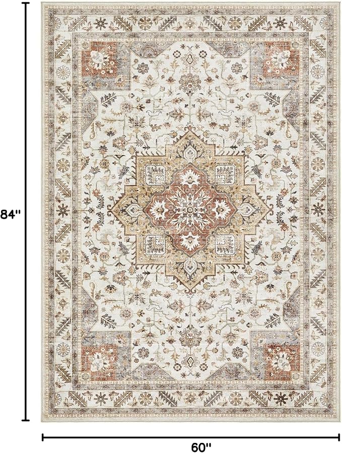 Vintage Living Room Area Rug 5x7 - Large Soft Washable Oriental Traditional Distressed Farmhouse Rugs for Bedroom - Indoor Floor Accent Carpet for Home Office House Decor - Golden Taupe