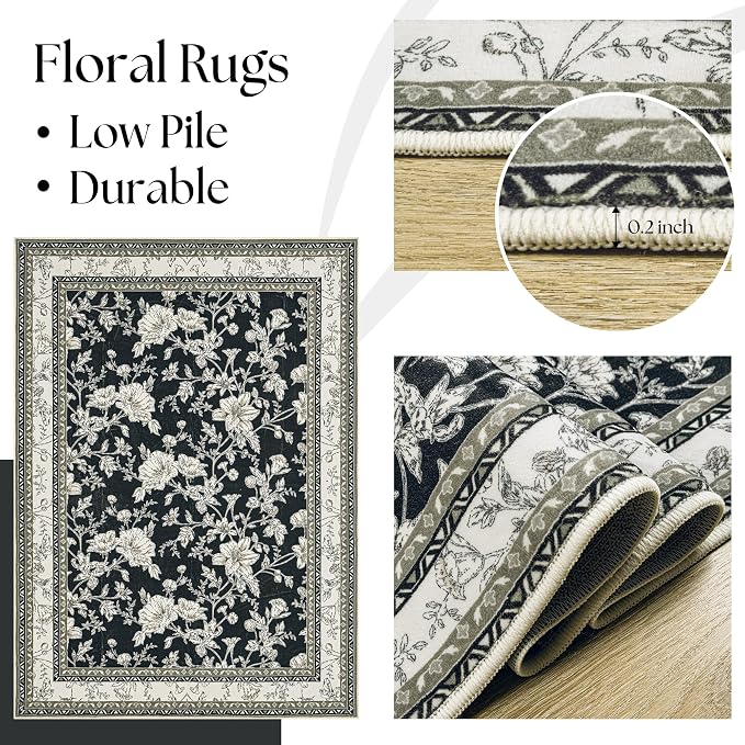 Black Floral Area Rugs 6x9 Living Room, Black with Cream Beige Taupe Flower Design Low-Pile Washable Rugs for Bedroom Dining Room, Vintage Modern Farmhouse Boho Indoor Floor Carpet Kids Playroom