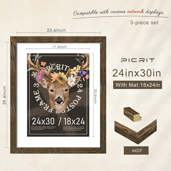 Picrit 24x30 Picture Frame 3 Pack, Wooden Brown Rustic Poster Frame, Display Poster 18 x 24 with Mat or 24x30 without Mat for Horizontal or Vertical Wall Mounting