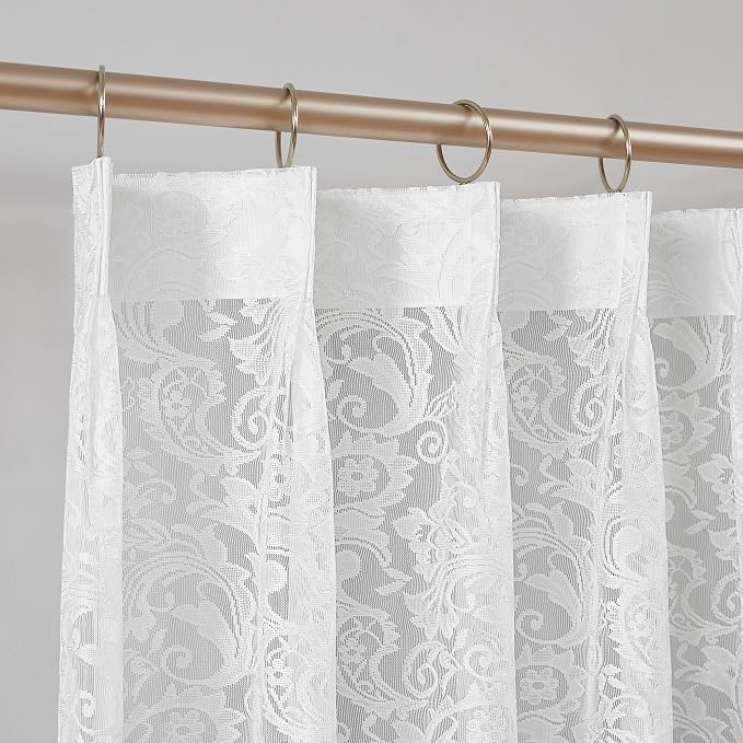 Bujasso White Lace Pinch Pleat Curtains 63 inch,Vintage Floral Sheer Drapes with Hooks & Rings, Victorian Damask Scalloped Edge Light Filtering Window Panels for Bedroom Living Room, 40" Wx63 Lx2