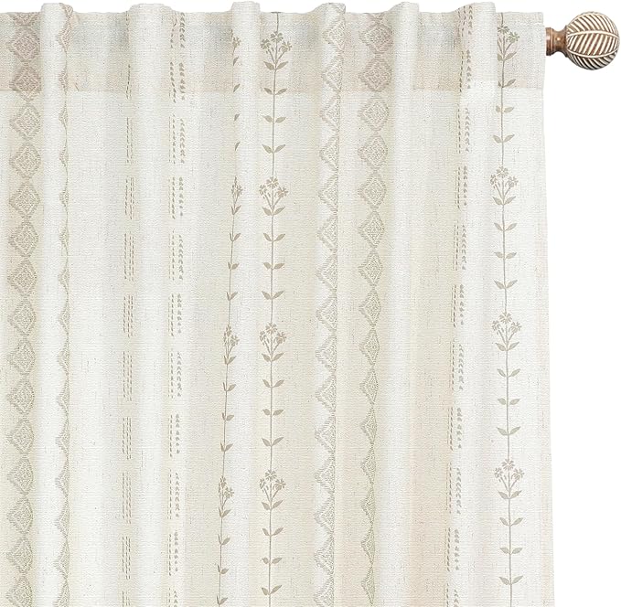 108 Inch Extra Long Curtains,Semi Sheer 9FT 9 FT Boho Floral Pattern Pleated Linen Drapes 108 Inches Long 2 Panels Set for Living Room