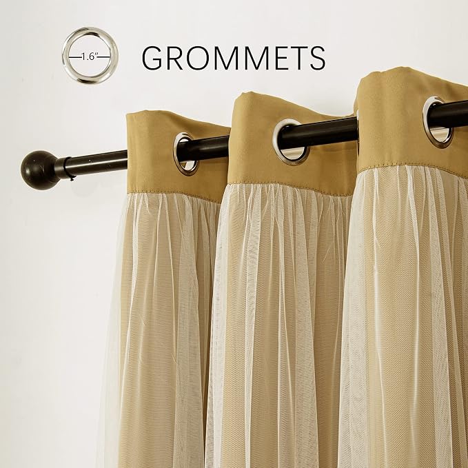 INLINAS Gold Blackout Curtains with Sheer Overlay - Grommet Top Thermal and Noise Reduction Panels for Bedroom and Living Room Light Blocking and Energy Saving, 37 x 72 Inches, Set of 2