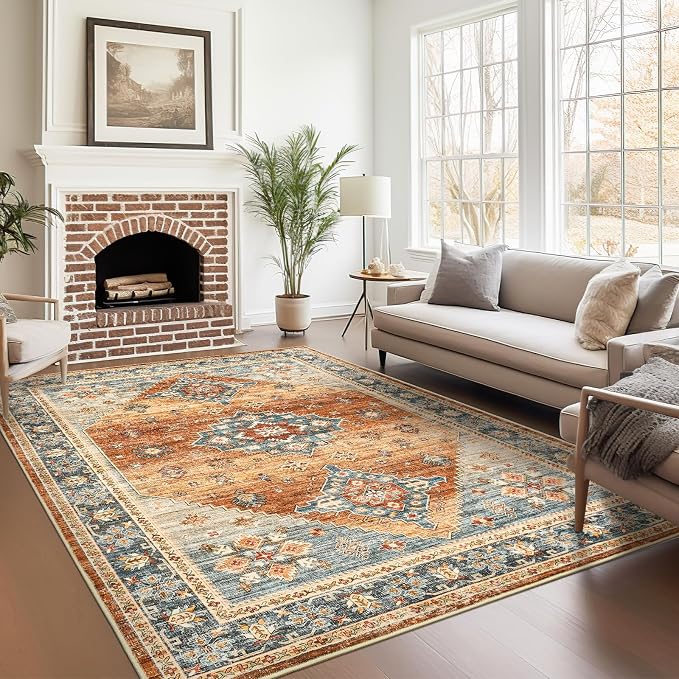 Roxstand Area Rugs 5x7, Low Pile Non-Slip Backing Rugs, Super-Soft Home Decor Washable Rugs 5x7 Under Table, Foldable Floral Vintage Area Rug for Living Room (Navy/Orange, 5'x7')