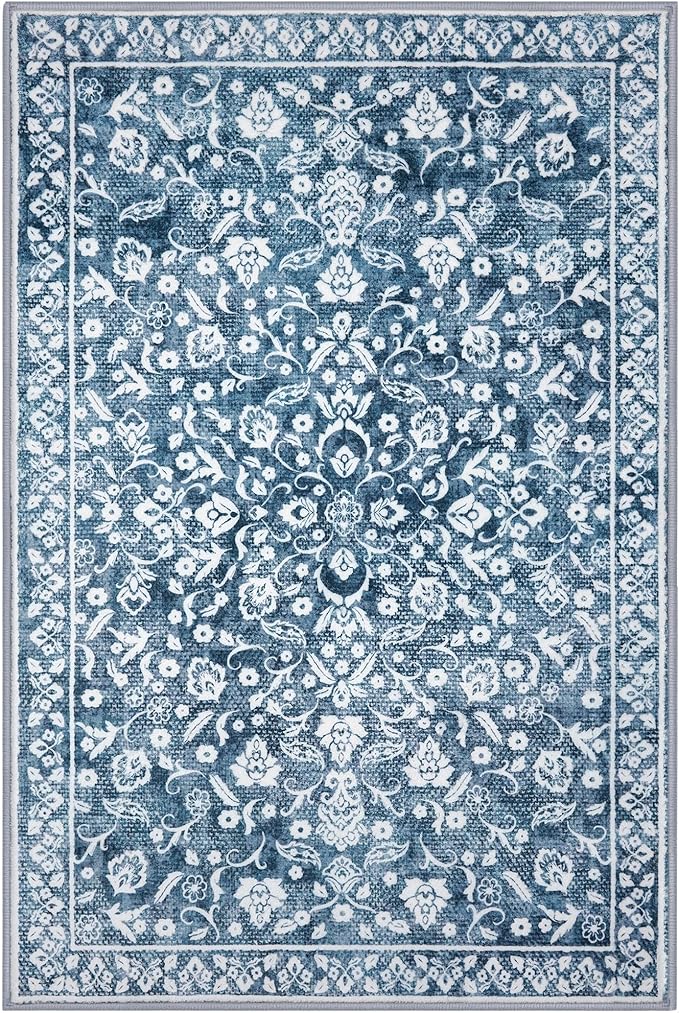 Vintage 3x5 Washable Rug for Entryway, Super Soft Blue and White Entryway Rug Non-Slip, Printed Faux Wool Floral 3x5 Area Rug Thin Floor Carpet for Kitchen, Bedroom, Office, Living Room