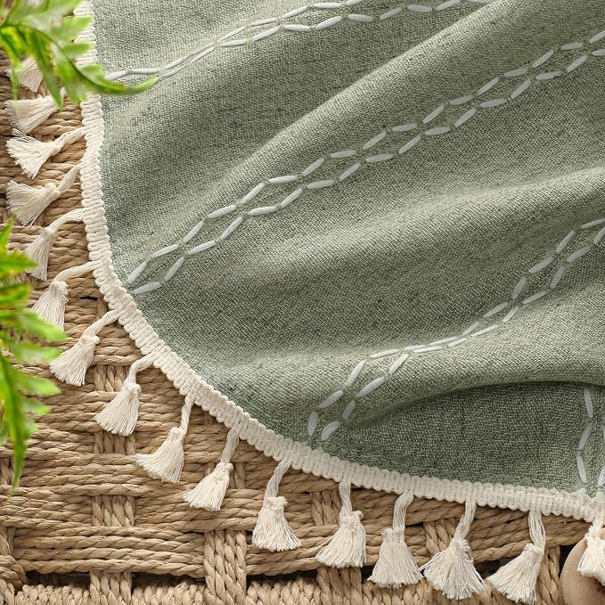 Green Boho Blackout Curtains 2 Panels 84 Inch for Living Room Bedroom, Linen Texture Farmhouse Curtains with Tassels and White Cotton Embroidery Vintage