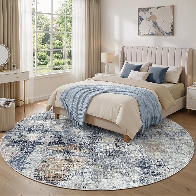 WITSHOCK Area Rugs 8ft Round Living Room Rug - Washable Neutral Soft Low Pile Non-Slip Modern Abstract Thin Large Indoor Carpet for Bedroom Dining Room Nursery Office - Dark Blue Brown