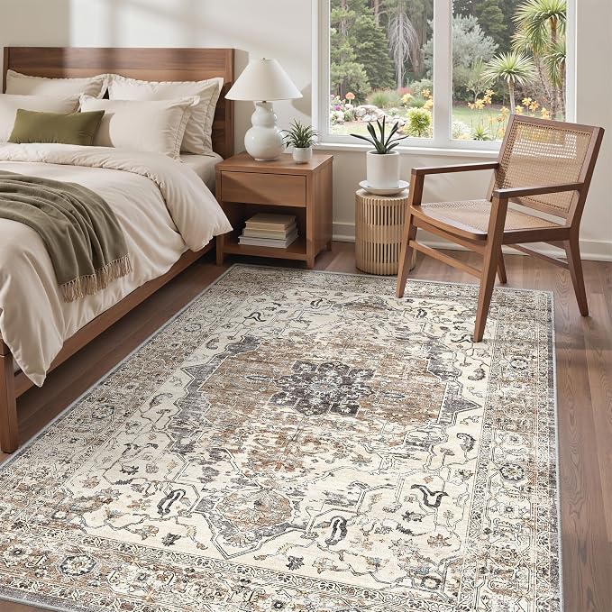 befbee 6x9 Area Rugs for Living Room,Super Soft Ultra-Thin Stain Resistant Machine Washable Rugs for Bedroom,Non-Slip Backing Large Area Rug(Brown/Grey,6'x9')