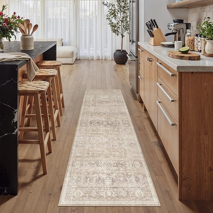 HUGEAR 2x8 Runner Rugs Machine Washable Retro Beige Hallway Entryway Rug Distressed Vintage Neutral Stain Resistant Non Slip Low Pile Throw Carpet for Home Aesthetic Decor