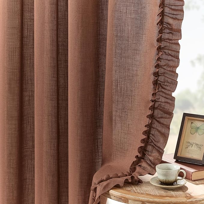 Dark Terracotta Linen Curtains 72 Inch Length, 2 Panels, W58 x L72 In, Linen Textured Rust Colored Farmhouse Ruffle Curtains for Living Room Rod Pocket Privacy Semi-Sheer Autumn Fall Scalloped Curtain