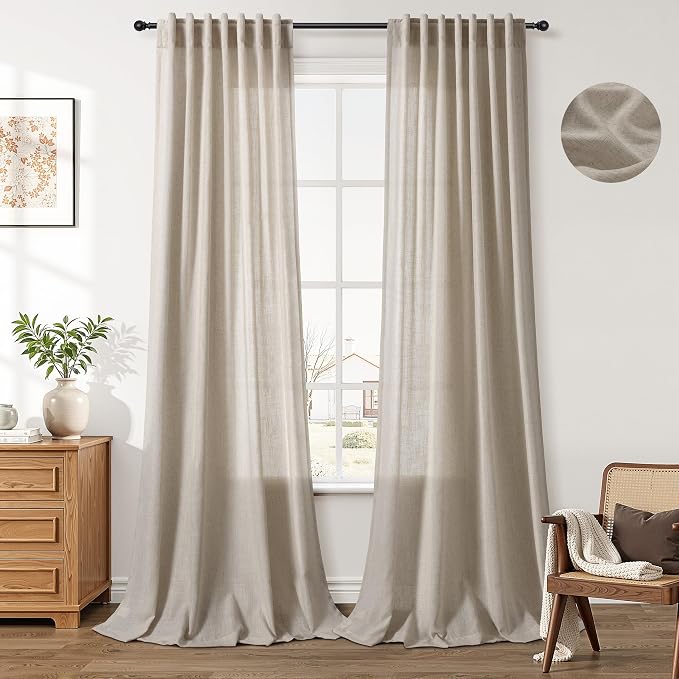 Aersas Cobblestone Linen Curtains 120 Inches Length for Living Room Flax Texture Wave Fabric Semi Sheer with Rod Pocket Back Tab for Bedroom Balcony Light Filtering Neutral Home Decor 52x120