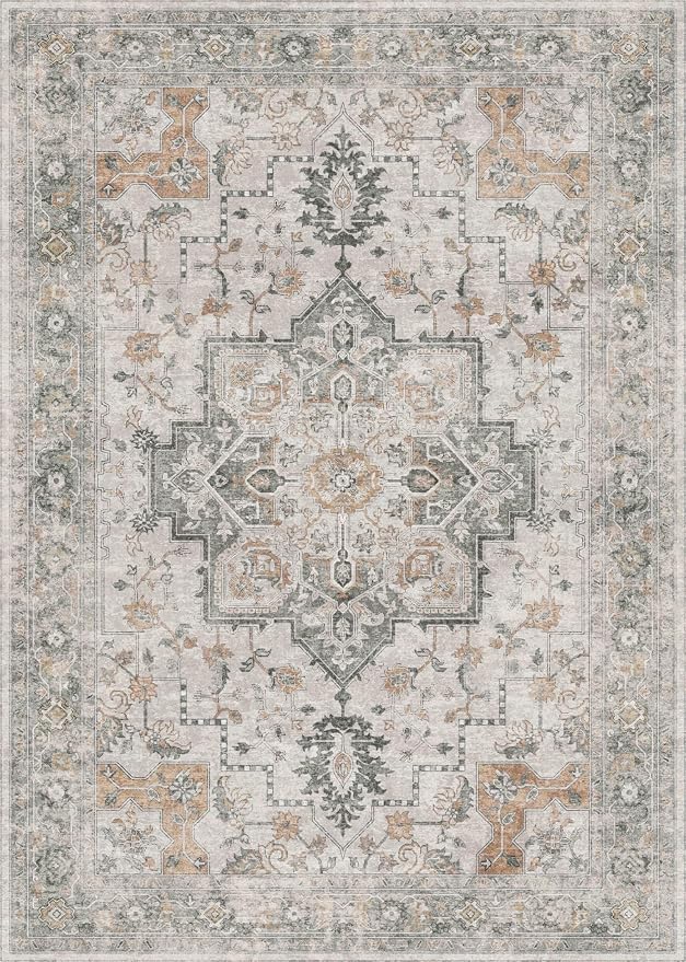 GENIMO 4x5 Area Rugs for Living Room, Machine Washable Rug, Non Slip Indoor Vintage Rug, Low Pile Lightweight Print Carpet for Bedroom Dining Room Home Office, Light Taupe Brown