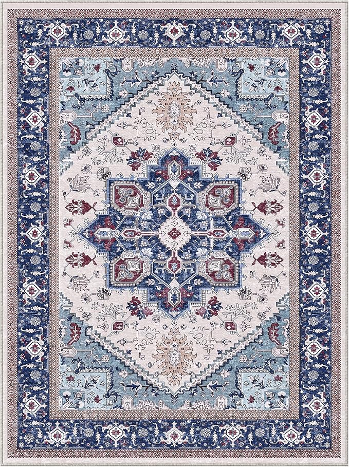 OPPODREAM Soft Area Rugs 9x12 Living Room, Washable Rugs 9x12 with Non Slip Backing, Faux Cashmere Low-Pile 9 x 12 Carpet, Navy Blue & Red & Cream