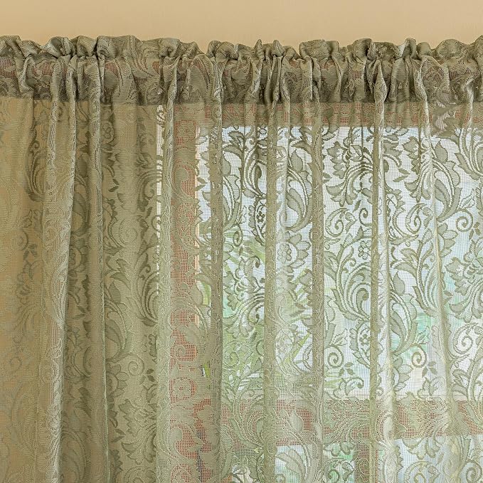 ALIGOGO Sage Green Lace Curtains 63 Inch Length for Bedroom Living Room, Spring Vintage Sheer Green Floral Curtains, Light Filtering Farmhouse Privacy Scalloped Edges, 52 x 63 Inch, 2 Panels