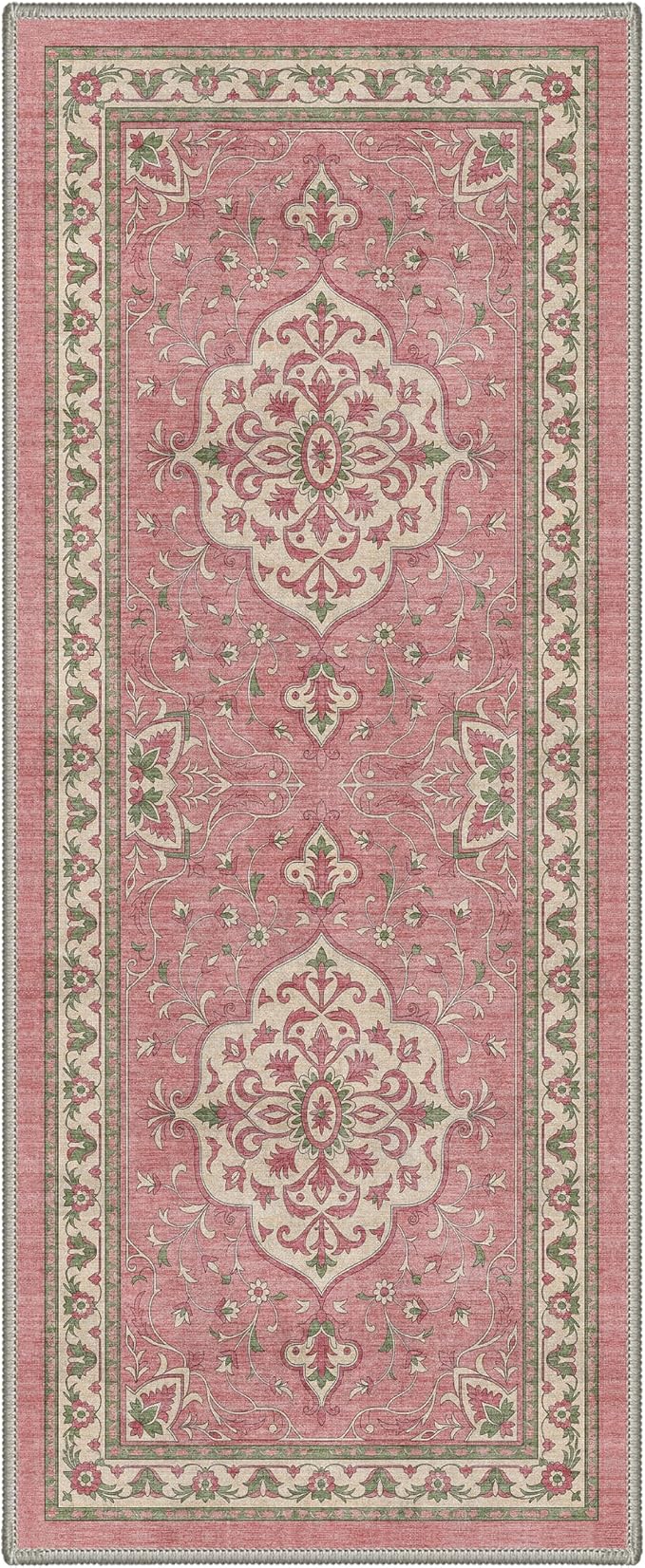 GENIMO 2x5 Runner Rugs for Hallway Kitchen and Laundry Room Non Slip Low Pile Machine Washable Lightweight Print Rug for Bedroom Bathroom Entryway, Floral Medallion, Dusty Pink
