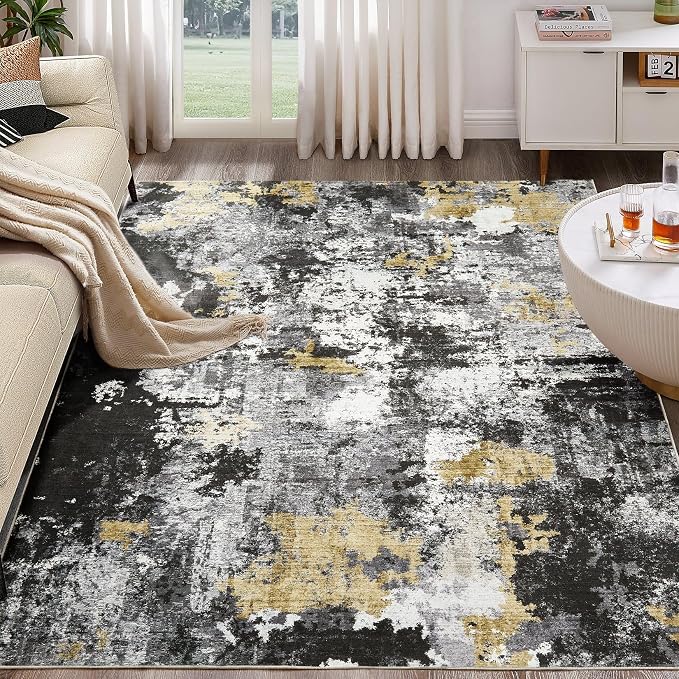 Abstract 8x11 Area Rug: Machine Washable Non Slip Ultra Thin Low-Pile Carpet, Soft Stain Resistant for Living Dining Room Bedroom, Kid Pet Friendly, Robot Vacuum Compatible - Black Gold