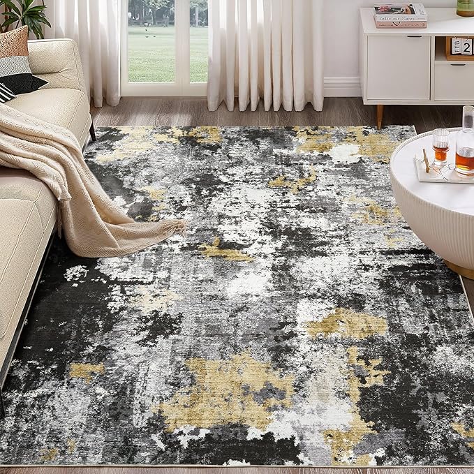 Abstract 8x10 Area Rug: Machine Washable Non Slip Ultra Thin Low-Pile Carpet, Soft Stain Resistant for Living Dining Room Bedroom, Kid Pet Friendly, Robot Vacuum Compatible - Black Gold