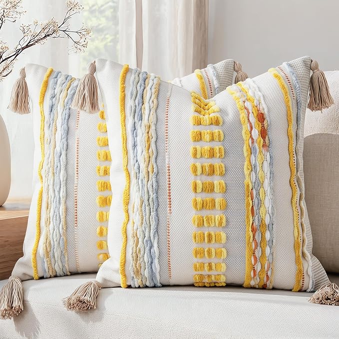 NUYECY Boho Throw Pillow Covers 18x18 Aesthetic Neutral Boucle Couch Pillow Cover Rainbow Striped Decorative Accent Pillow Case for Couch Bed Sofa Farmhouse,Modern Funky,Set of 2 Yellow-Grey